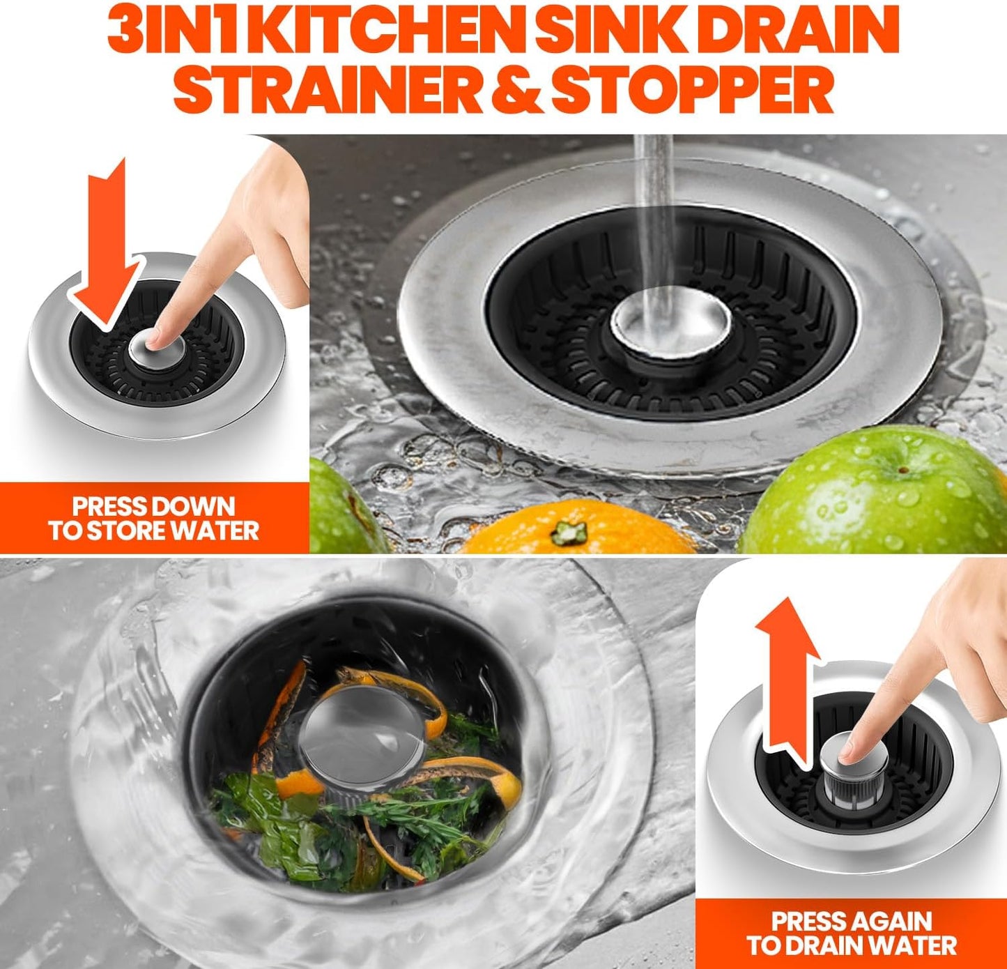 2 Pack Sink Drain Strainer - Sink Stopper, 3 in 1 Stainless Steel Kitchen Drain Plug with Deep Anti-Clog Basket and Odor-Blocking Seal, Pop-Up Design Fits Standard 3-1/2 Inch Sink