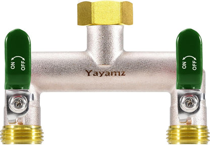 Garden Hose Splitter, 3/4” Rust and Freeze Resistant Outdoor Hose Manifold with 2 Red Extra Long Handles Faucet Adapter-Heavy Duty Brass Nickel Plated 2-Way Valve