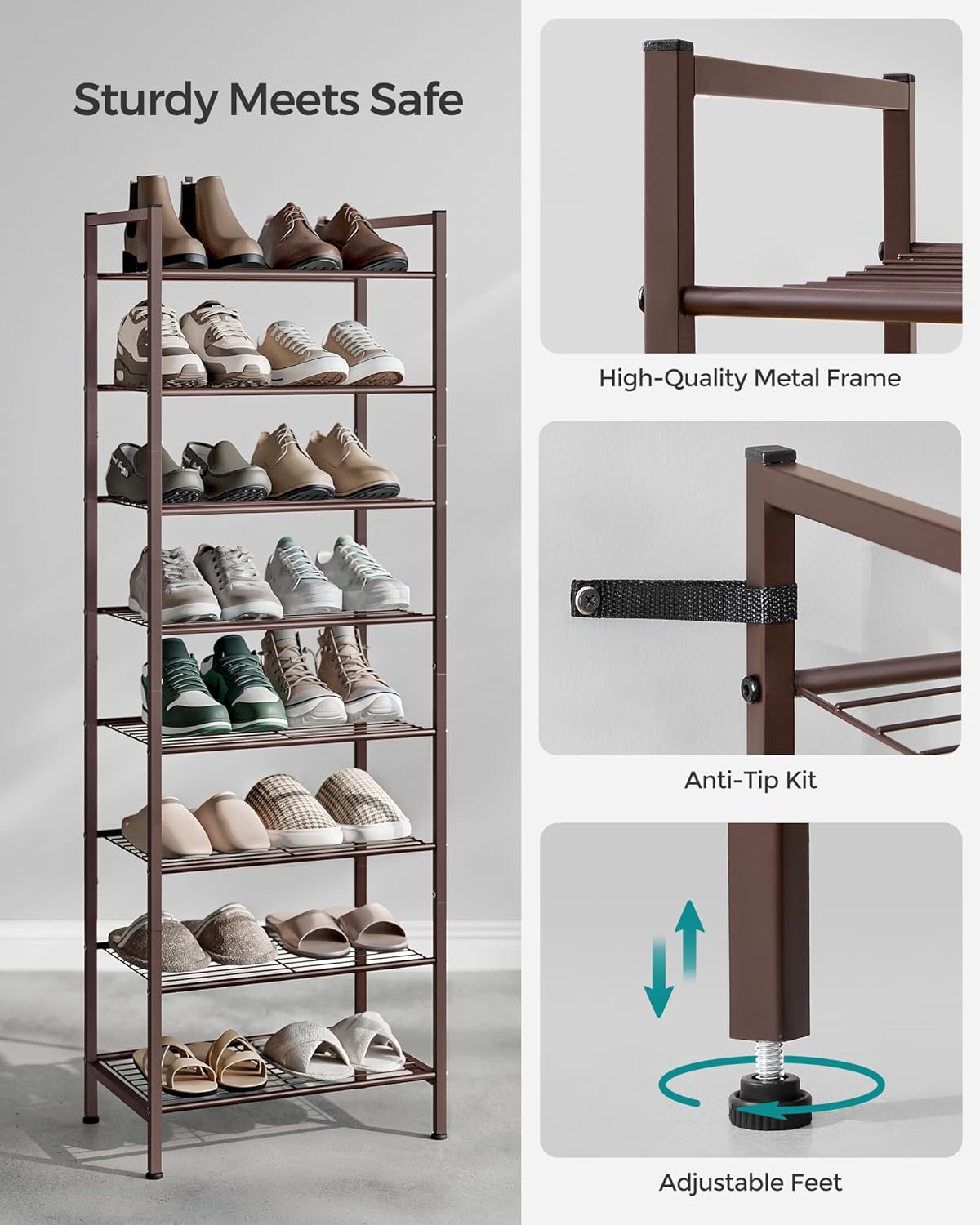 SONGMICS Metal Shoe Rack, Free Standing Shoe Organizer for Entryway Closet Garage Small Spaces, Heavy-Duty Slim Steel Storage Shelf, 8-Tier, Fits 16-24 Pairs, Bronze ULMR028A01