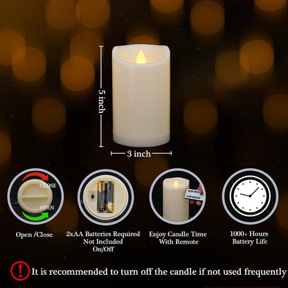 Flameless Flickering Candles with Remote and Timers, 1000 Hours Waterproof Outdoor Indoor Battery Operated LED Pillar Candles, Ivory Plastic, Set of 3(D 3" x H 4" 5" 6")