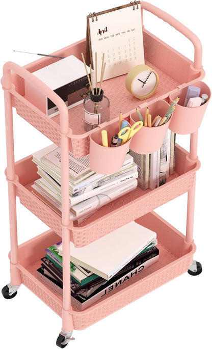 MOYIPIN 3-Tier Plastic Rolling Utility Cart with Handle,Utility Storage Cart for Office, Living Room, Kitchen,Movable Storage Organizer Shelves,White