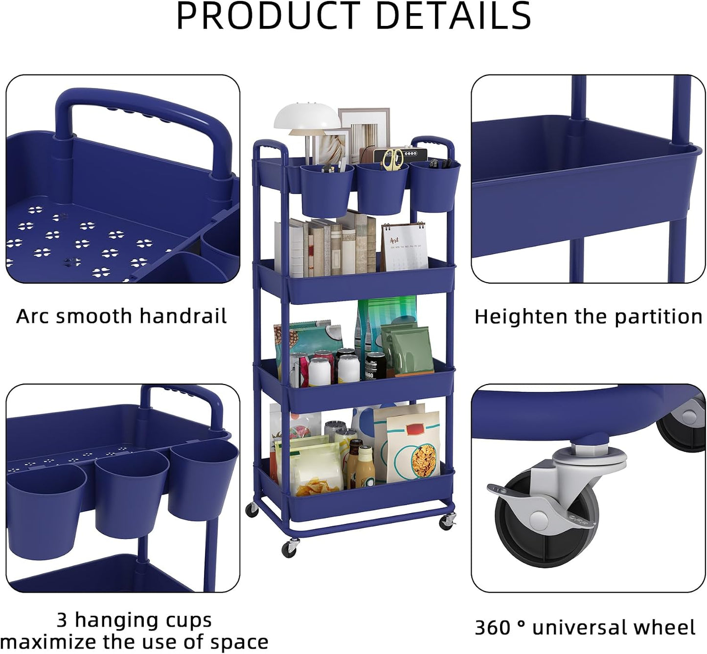 JIUYOTREE 4-Tier Plastic Rolling Storage Cart Utility Cart with Extra Hanging Cups Handles Lockable Wheels for Living Room Bathroom Kitchen Office White