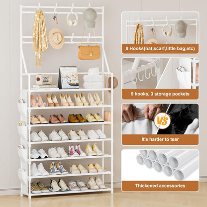 OYREL Shoe Rack, 5 Tier Shoes Storage Organizer, with Functional Hooks and Side Pocket, 20-25 Pairs, for Closet/Entrance/Entryway, Sneaker and Boot Stackable Free Standing Shoe Rack