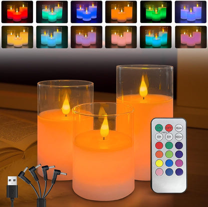 LEDHOLYT Rechargeable Flameless Glass Pillar Candles–Gifts for Women,–Set of 3, Realistic Flickering LED Light,Remote & Timer, Ideal for Living Room, Bedroom & Festival Wedding Home Party Decor