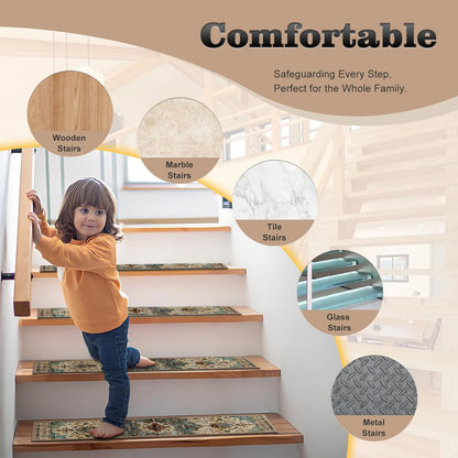 Non Slip Stair Treads for Wooden Steps, 15 Pack 8"x30" Washable Carpet | 8x30 in soft chenille polyester stair treads with reusable TPE backing for indoor wood stairs, dogs, kids, and seniors