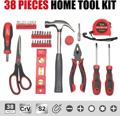 SPICIMOMO Basic Home Red Tool Kit - 38 Pieces Tool Set with Portable Storage Boxes for Daily Repairing and Maintenance, Home DIY Tool Kit Set for Office & Garage