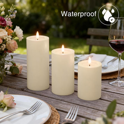 LUSHARBOR Outdoor Flameless Candles, Set of 3 Battery Operated Pillar Candles with Remote & Timer, 3" x4" 5" 6" Waterproof Plastic LED Candles for Patio Porch Garden Yard Candle Lantern Ivory