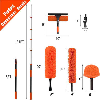 30FT Reach Duster Kit, Window Cleaning with 5-24FT Telescoping Extension Pole, High Ceiling Duster, Microfiber Feather Duster, Cobweb Duster, Window Squeegee, Feather Duster, Extendable Pole Kit