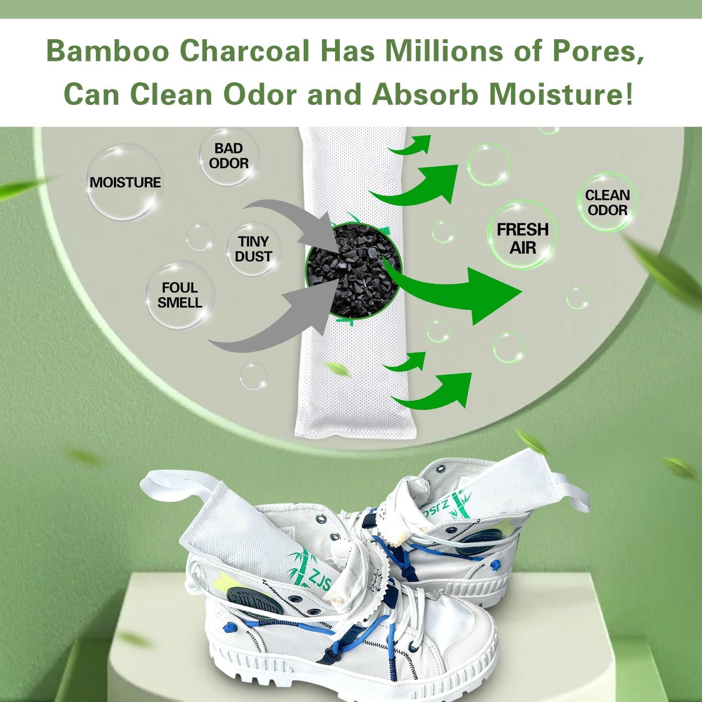 Charcoal Shoe Deodorizer, 2 Pack Natural Shoe Odor Eliminator, Reusable Activated Charcoal Bags Odor Absorber for Sneakers, Boots, Gym Bags, Closet & Locker