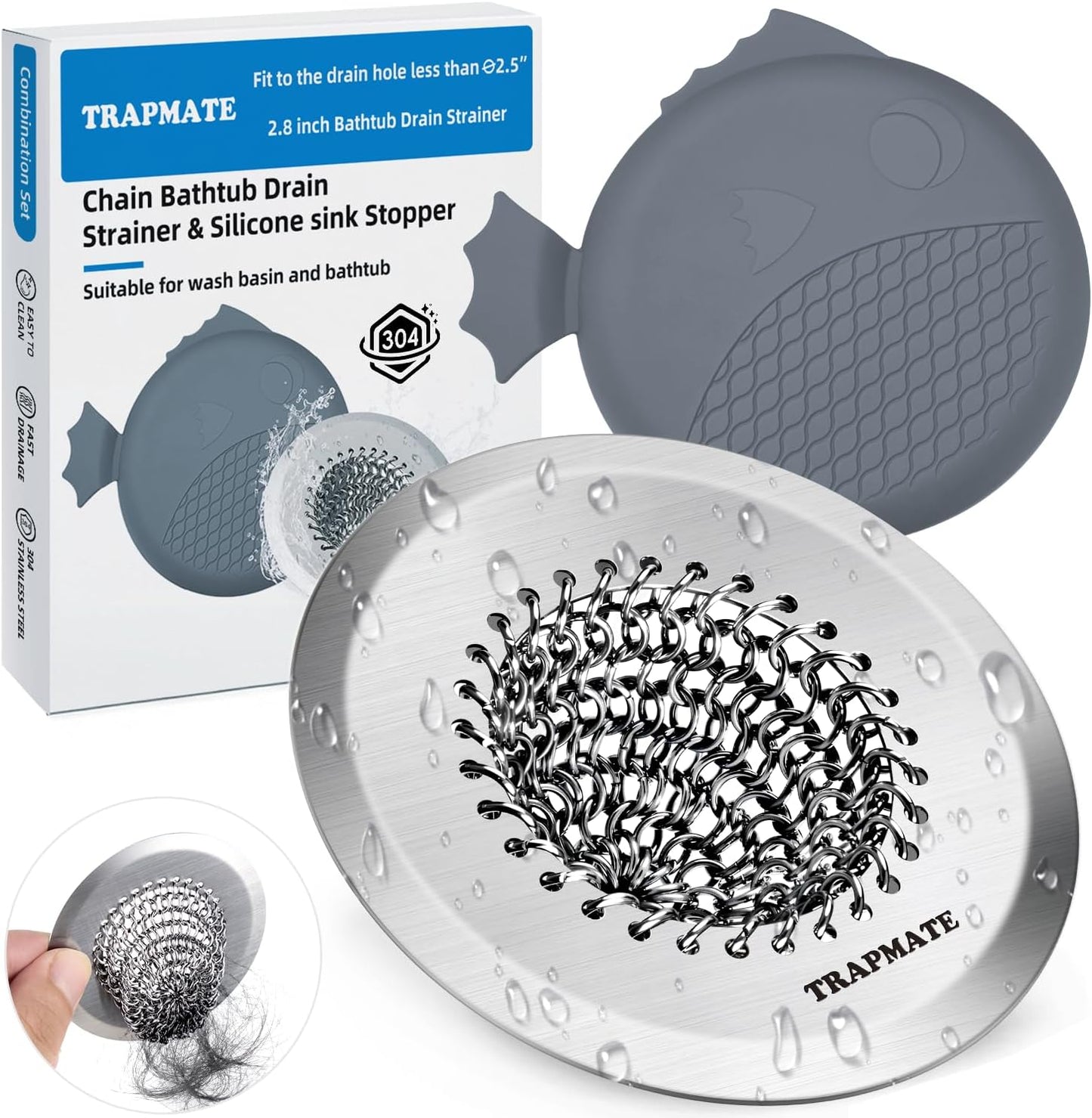 TRAPMATE Shower Drain Hair Catcher, 2.8" Fast Drainage Bathtub Stopper Drain Strainer Kit, Stainless Steel Shower Drain Cover, Bathtub Drain Protector for Sinks & Tubs (Patented Product)