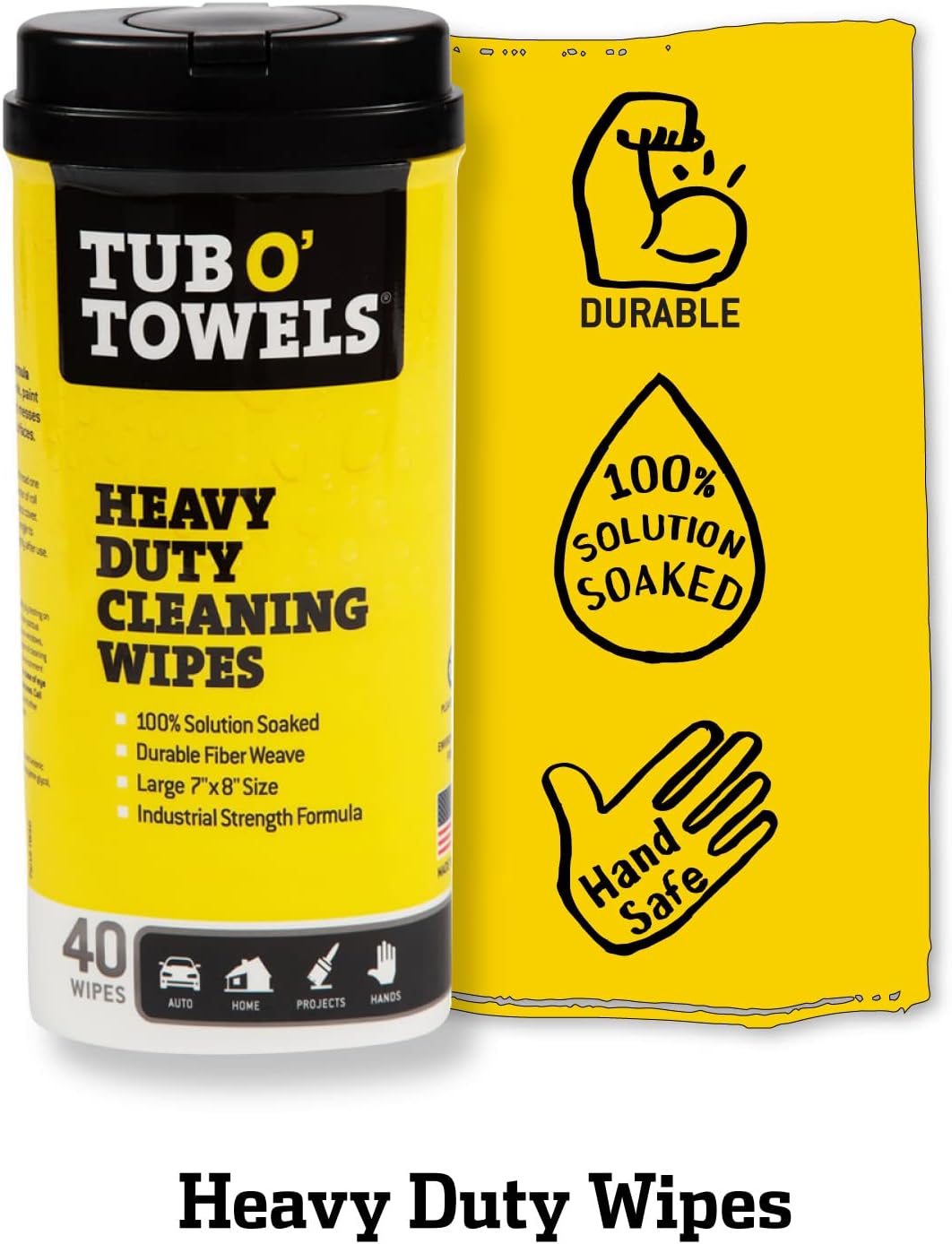 Tub O' Towels Heavy-Duty Multi-Surface Cleaning Wipes, 7" x 8", 40 Count Canister, Removes Grease, Grime, and Tough Stains, Durable Disposable White Wipes for Home, Garage, and Outdoor Cleaning Tasks | industrial-disposable-wipes