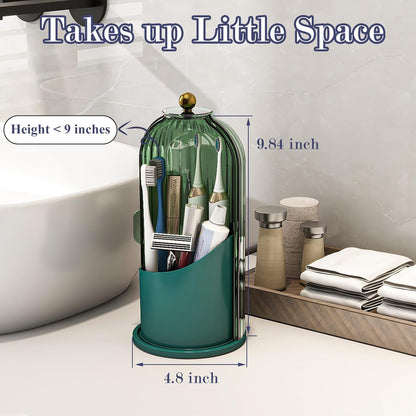 Toothbrush and Toothpaste Holders with Cover, Grey White | Waterproof and Dustproof, 360° Rotating Base, Smooth Sliding Door, 3 Slots, for Bathroom Countertop