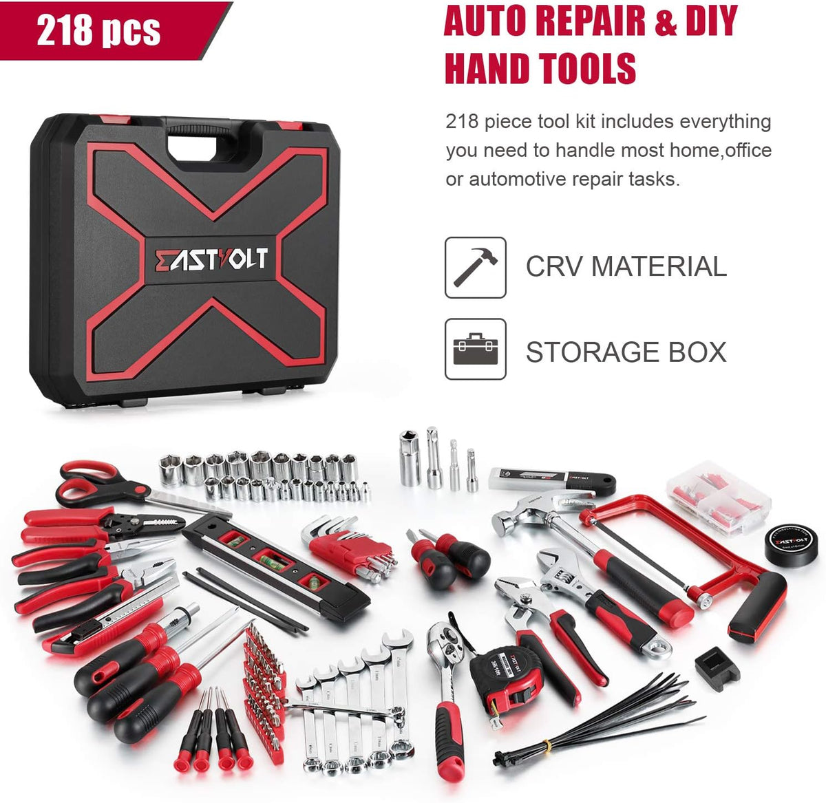 Eastvolt 128-Piece Home Repair Tool Set, Tool Sets for Homeowners, General Household Hand Tool Set with Storage Toolbox, EVHT12801, Black + Red (ASK01)