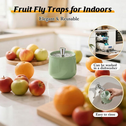 Ceramic Fruit Fly Trap for Indoors, Reusable Kitchen Fly Catcher with Stainless Steel Vent Lid, Uses Safe & Natural Vinegar Bait Trap, Dishwasher Safe, Easy to Use (White,1 Pack)