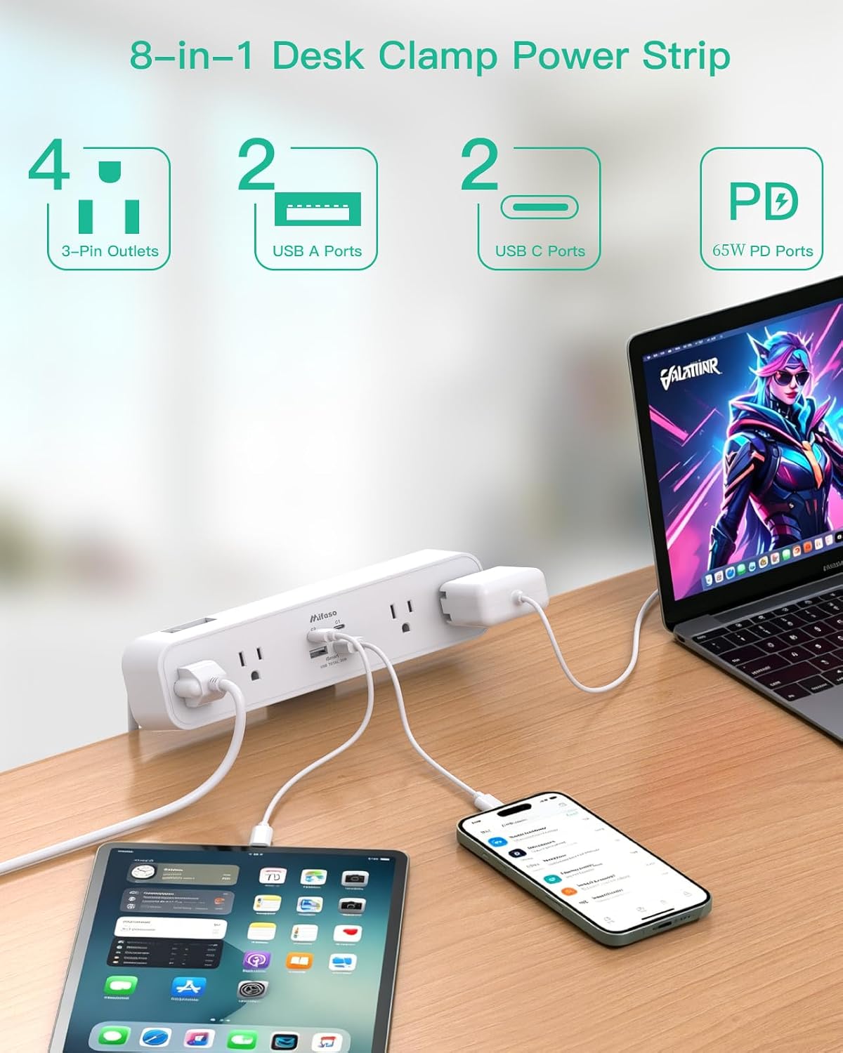 Mifaso PD30W Desk Clamp Power Strip, Surge Protector, Fast Charging Station | 4 Outlets, 4 USB (2 USB C), 5FT Extension Cord, Desk Organizer Gaming Accessories Office Essentials, Fits 1.96" Tabletop Edge