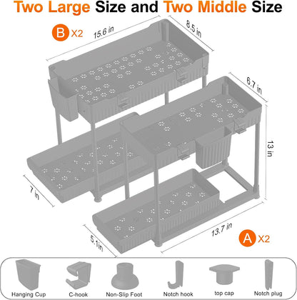 Sevenblue 4-Pack 2-Tier Under Sink Organizer with Pull Out Drawers | Multi-use kitchen & bathroom storage. Includes hanging hooks and cups. Black, space-saving cabinet design.