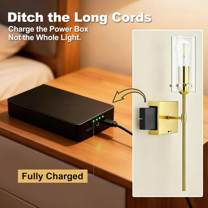 Battery Operated Wall Sconce, Glass Wireless Wall Sconces Set of Two Rechargeable with Remote Control Dimmable Wall Light for Bedroom Living Room Hallway Entryway, 3000-6500K