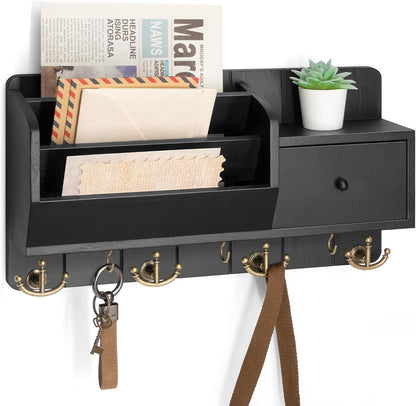Rebee Vision Key and Mail Holder Wall Mount - Mail Organizer Wall Mount with Storage Hooks and Drawer for Modern Farmhouse Decor - Mail Organizer Wall Mounted for Rustic Apartment Essentials (Brown)