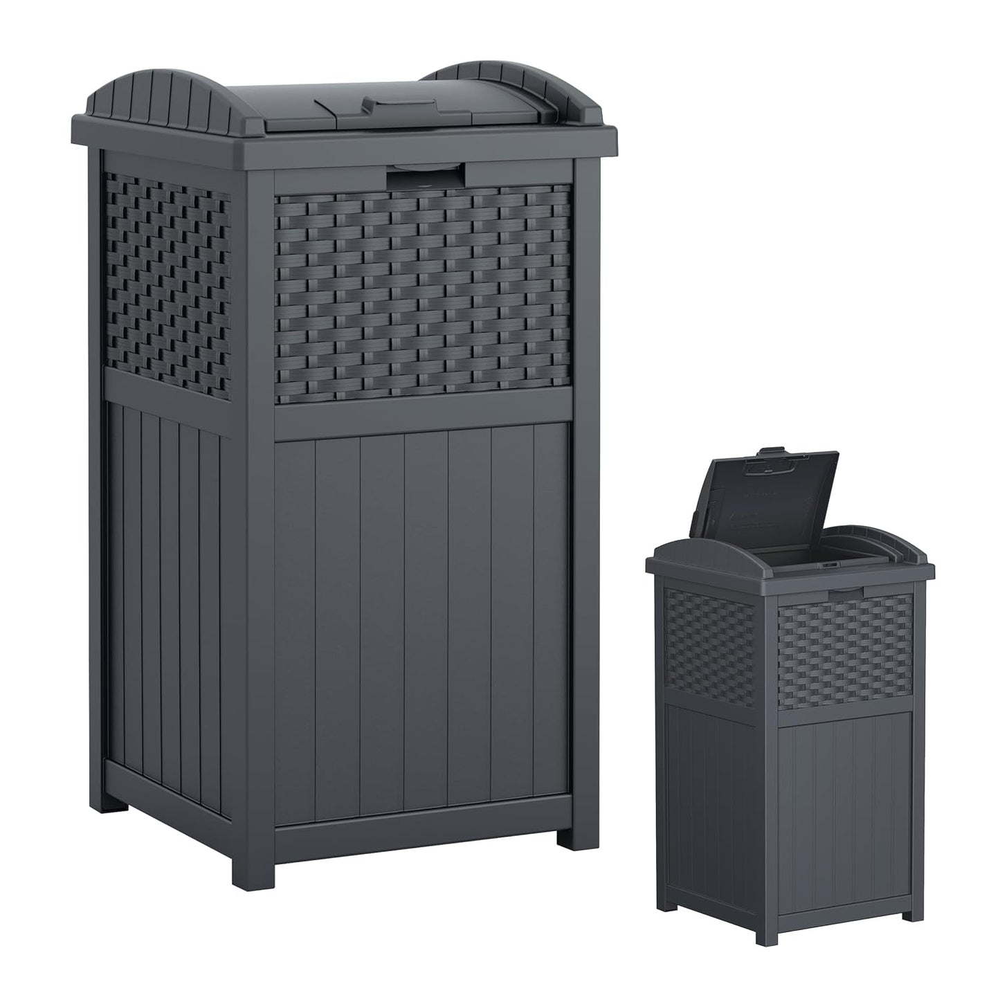 Suncast 33 Gallon Commercial Outdoor Trashcan Hideaway with Lid for 30 to 33 Gallon Trash Bags for Garage, Backyard, or Garden, Brown