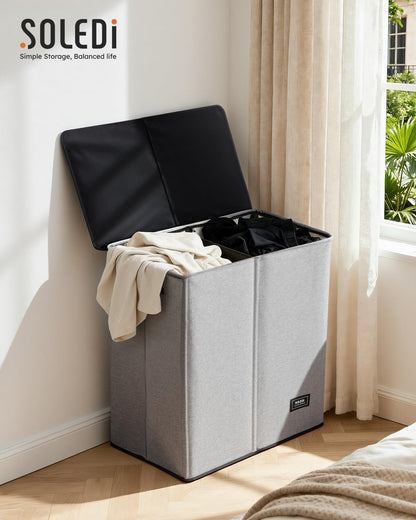 SOLEDI Luxury Double Laundry Hamper with Lid and Removable Bags, 38.3 Gal Large Laundry Bin, Laundry Basket 2 Sections, Collapsible Clothes Hamper for Bedroom, Laundry Room, Bathroom, Off-white