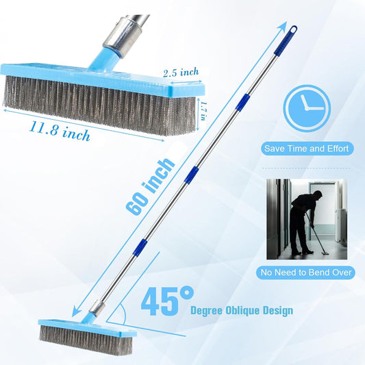 60'' Stainless Steel Deck Scrub Brush with Long Handle - Heavy Duty Floor Scrubber for Concrete, Grout, Garage, Patio, Boat & Garden - Stiff Bristle Broom for Moss, Tough Stains & Dirt Removal