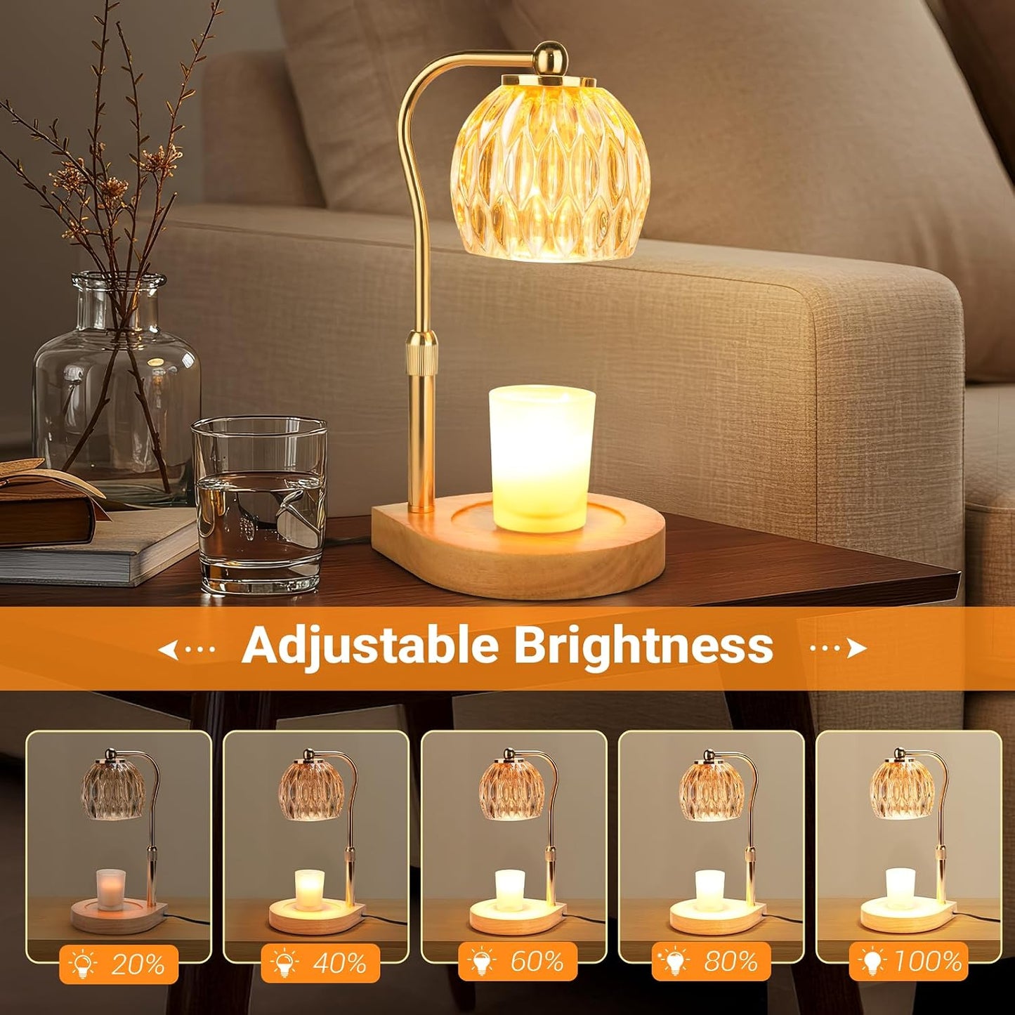 Candle Warmer Lamp with Timer Dimmer, Adjustable Height Candle Lamp Warmer for Jar Candles, Flower Glass Wax Melt Warmer with 2 Bulbs, Flameless Home Decor Gifts for Women Mom, Housewarming