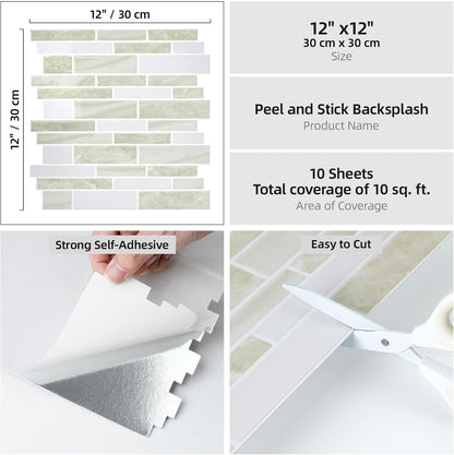 Vieshful 10 Sheet Peel and Stick Backsplash for Kitchen Wall - 12"x12" Smooth PVC 3D Visual Effect Marble Tile Stickers, Waterproof Self Adhesive Light Khaki Wall Tiles for Bathroom, Renter Friendly