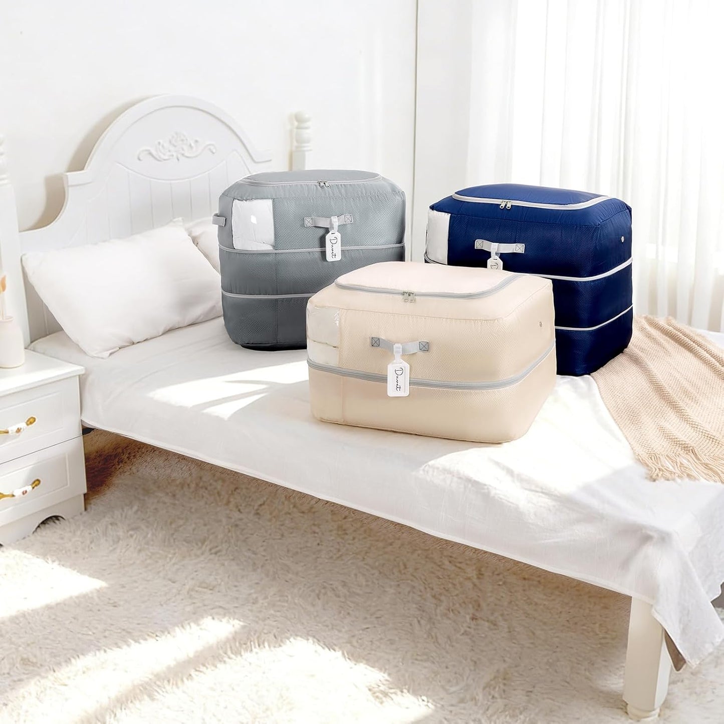Comforter Storage Bag - Large Capacity Blanket Storage Bags 3-Layer Ultra Space Saving Self Compression Organizer, Washable Compression Bags for Storage Comforter Blanket, 2-Pack, Beige