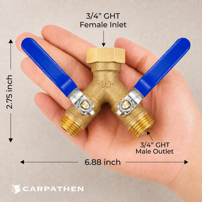 CARPATHEN Brass Hose Splitter 2 Way Heavy Duty - Solid Brass Garden Hose Splitter, Y Valve Water Connector with Long Handles, Full Flow 3/4 Inch GHT Thread for Outdoor Faucet and Spigot, Leak-Proof