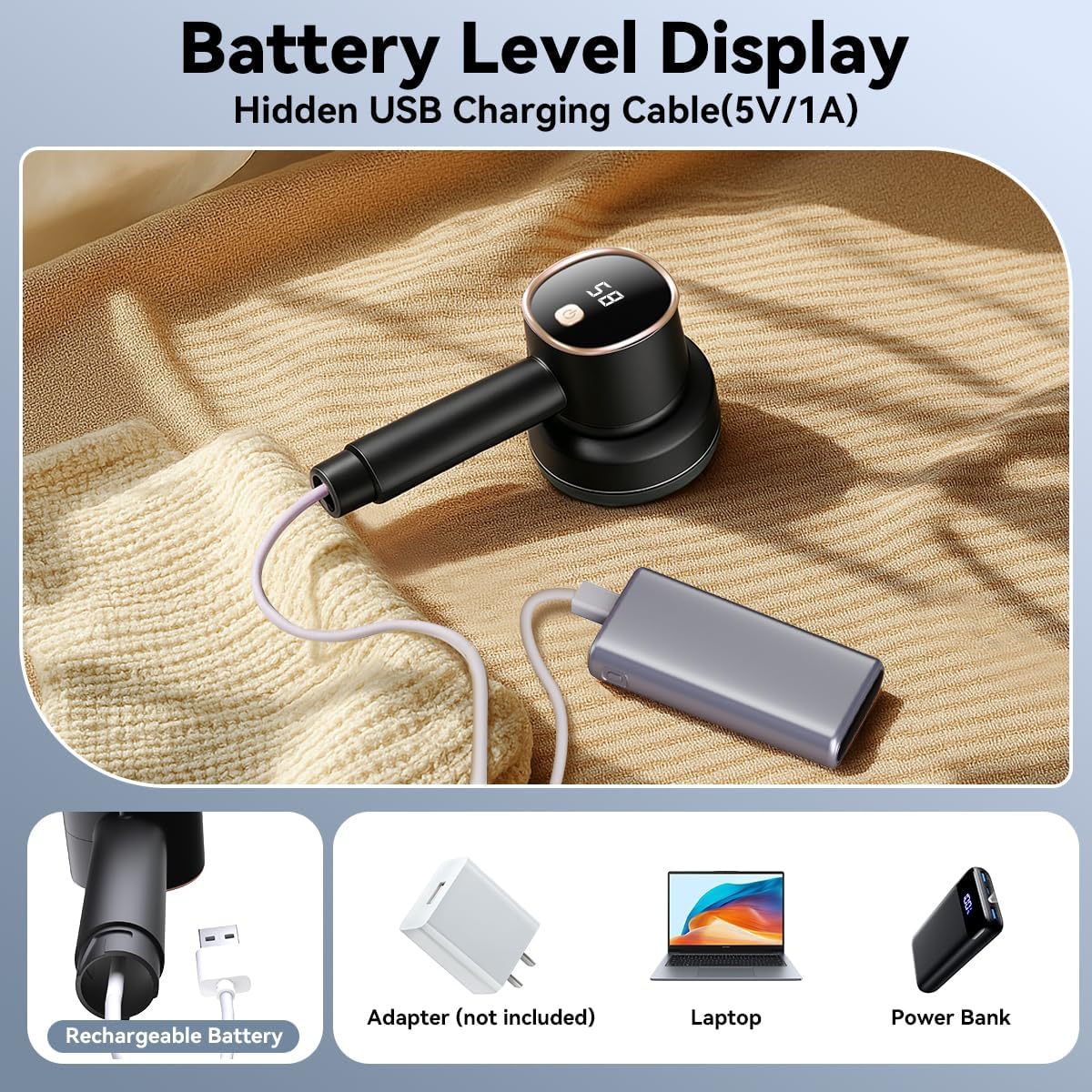 Rechargeable Fabric Shaver for Clothes: 6-Leaf Blades & 3 Speeds to Remove Pilling, Fuzz & Lint Balls - with LED Display, Portable Electric Lint Remover for Sweater, Couch, Blanket, Furniture