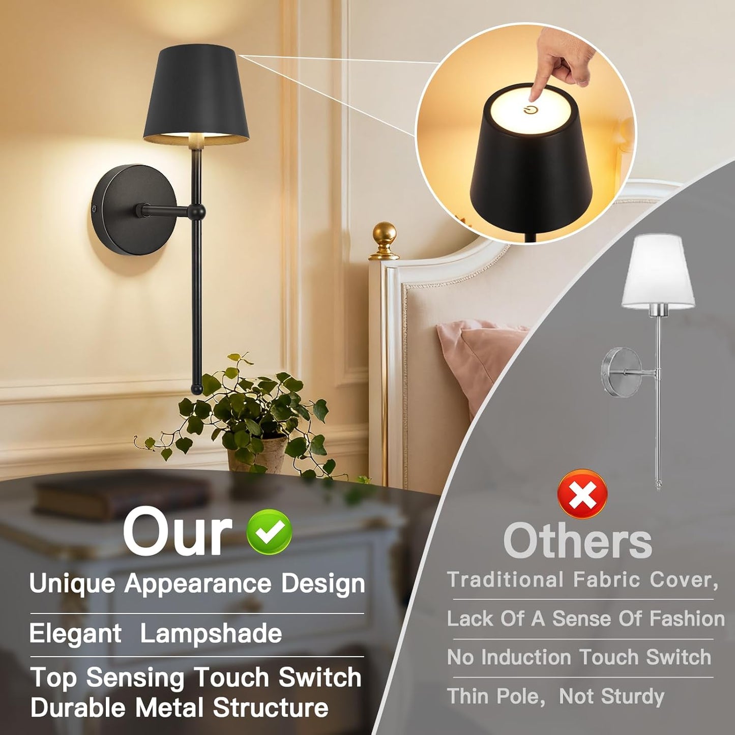 TaoFiaCo Battery Operated Wall Sconces Set of 2, Wireless Wall Sconce with Remote Dimmable Timer, Rechargeable 5200mAh, Cordless Wall Light for Bedroom Living Room, Hallway, Light Decor