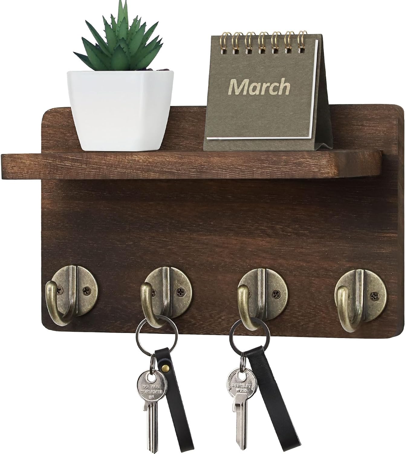 Nekon Key Holder Wall Mount, 8.5 Inch Small Home Decor Wooden Wall Organizer with 4 Hooks and Shelf, Wall Decor for Living Room Entryway Kitchen (Brown)