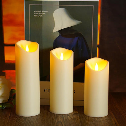 kakoya Flickering Flameless Candles Battery Operated with Remote and 2/4/6/8 H Timer Plexiglass Led Pillar Candles Pack of 9(D2.3 xH5.5 6.5" 7.5") with Realistic 3D Wick Candles for Home Decor(Ivory)