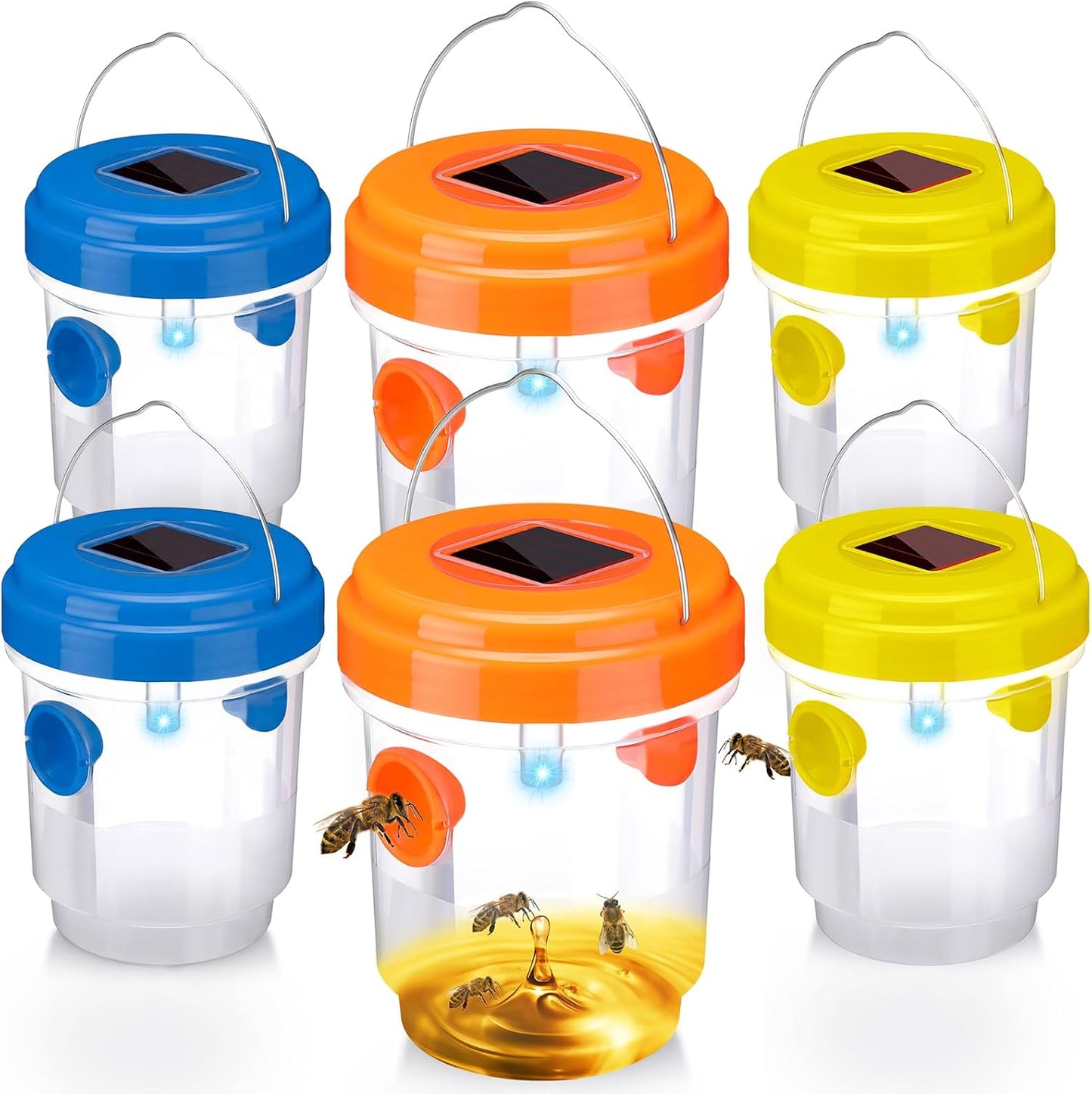 Wasp Trap Solar Powered Bee Trap Reusable Fly Traps Outdoor Hanging Wasp Killer with UV LED Light Flying Insects Bee Killer for Indoor Outside Patio Garden Home (6, Yellow)