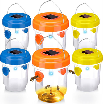 Wasp Trap Solar Powered Bee Trap Reusable Fly Traps Outdoor Hanging Wasp Killer with UV LED Light Flying Insects Bee Killer for Indoor Outside Patio Garden Home (6, Yellow)