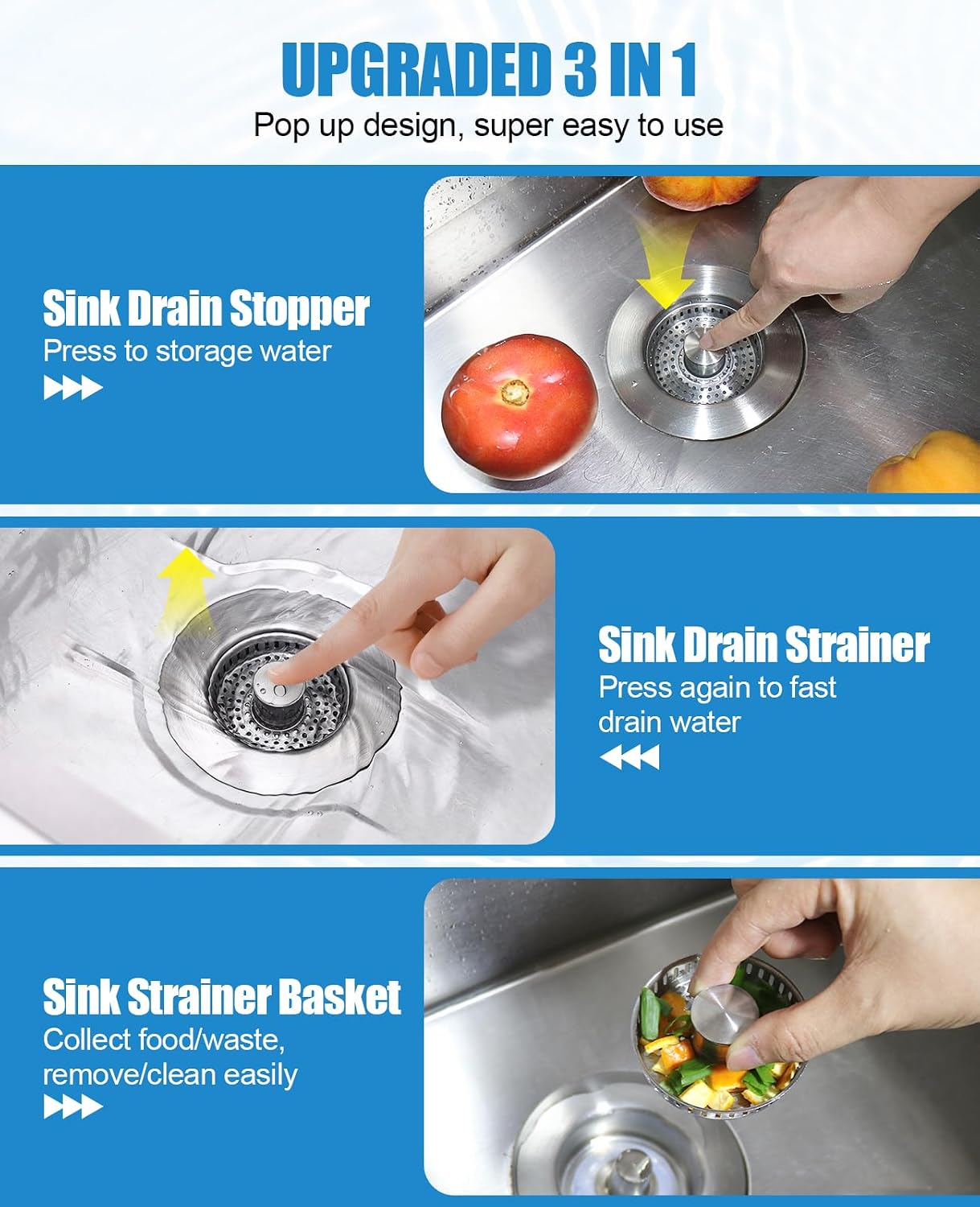 Kitchen Sink Drain Strainer Stainless Steel Stopper Anti-Clog Basket | 3-in-1 design, pop-up button for easy use, all metal heavy duty, anti-clogging