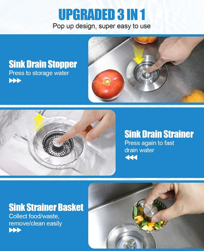 Kitchen Sink Drain Strainer Stainless Steel Stopper Anti-Clog Basket | 3-in-1 design, pop-up button for easy use, all metal heavy duty, anti-clogging
