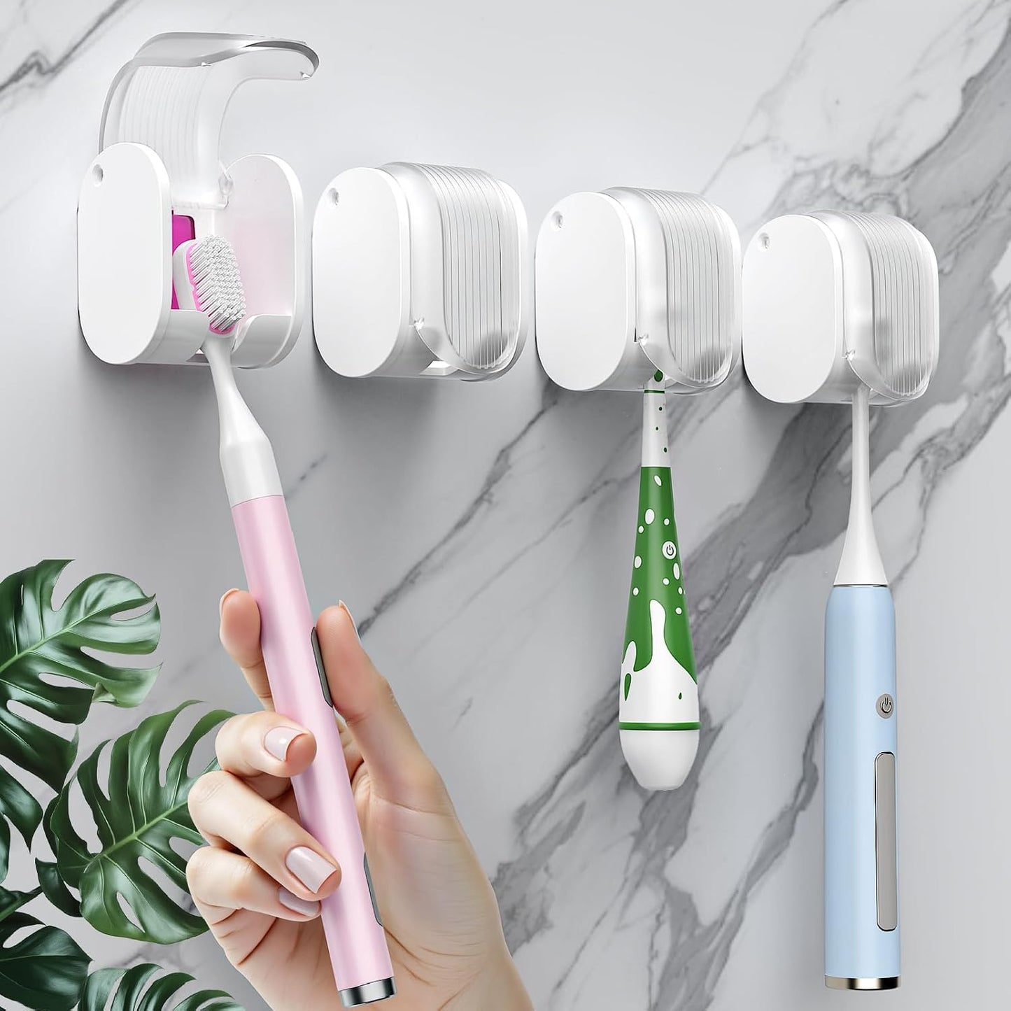 2 Pcs Toothbrush Holders Wall Mounted, Single Slot Design, Shower Self Adhesive Wall Mounted Toothbrush Holder with Cover, Waterproof and Dustproof, Suitable for Bathroom, Family, Travel (Transparent)
