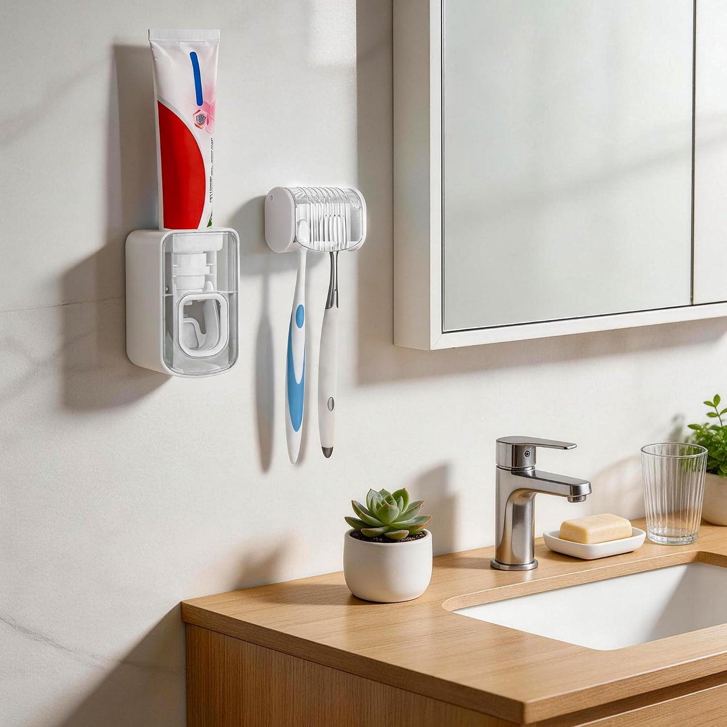 1 Pack Toothbrush Holder Wall Mounted with Cover for Bathroom, 2 Slots Toothbrush Storage Organizer for Shower, Self Adhesive Toothbrush Hanger (Grey)