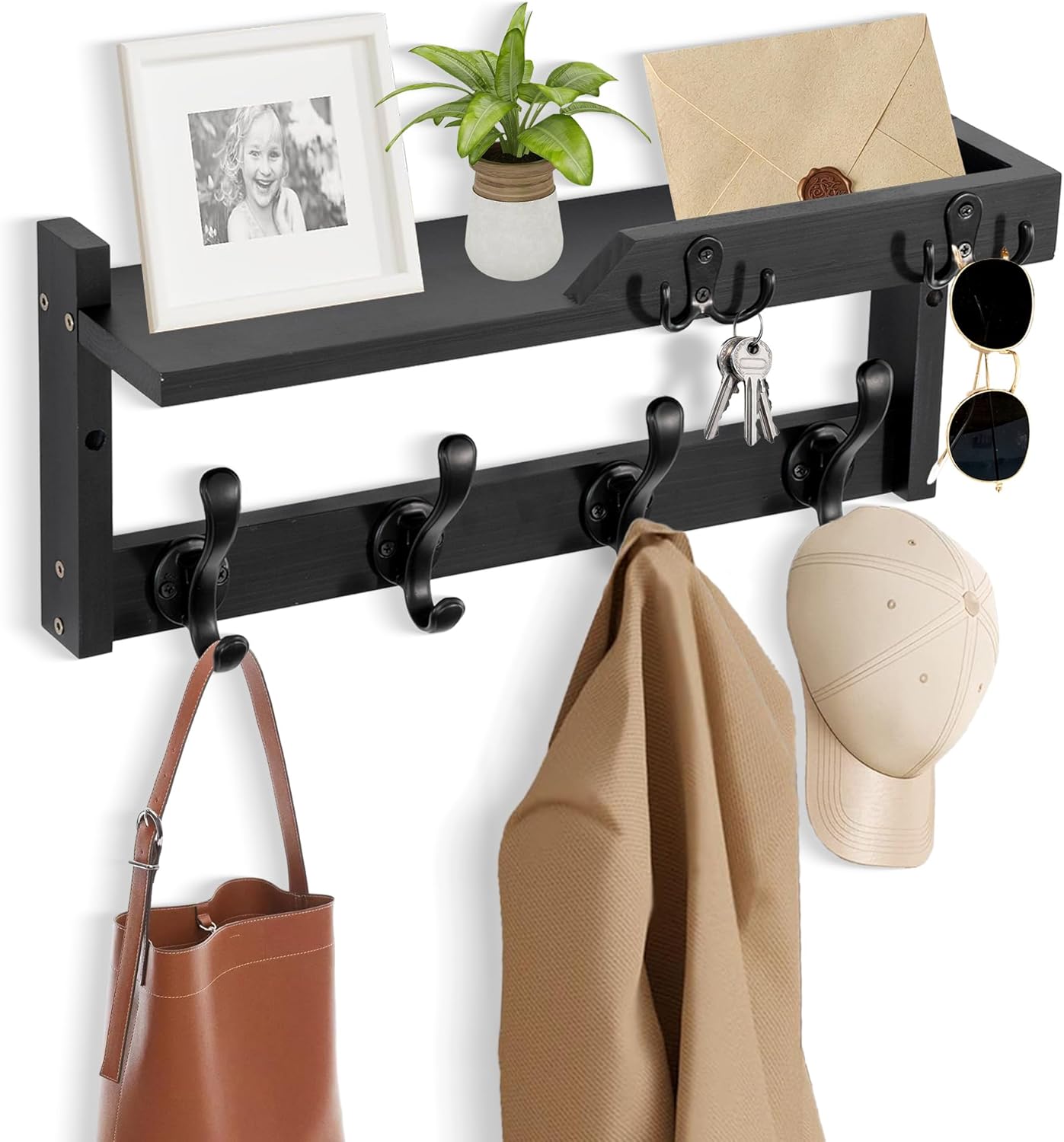dreampossible Coat Rack Wall Mount with Shelf, Coat Hanger Wall Mount with Key Hooks and Mail Holder, Wood Entryway Floating Shelf with Hooks and Storage, Hat Rack for Wall Key Holder Mail Organizer