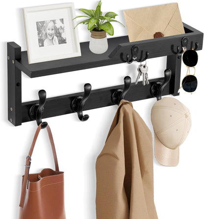 dreampossible Coat Rack Wall Mount with Shelf, Coat Hanger Wall Mount with Key Hooks and Mail Holder, Wood Entryway Floating Shelf with Hooks and Storage, Hat Rack for Wall Key Holder Mail Organizer