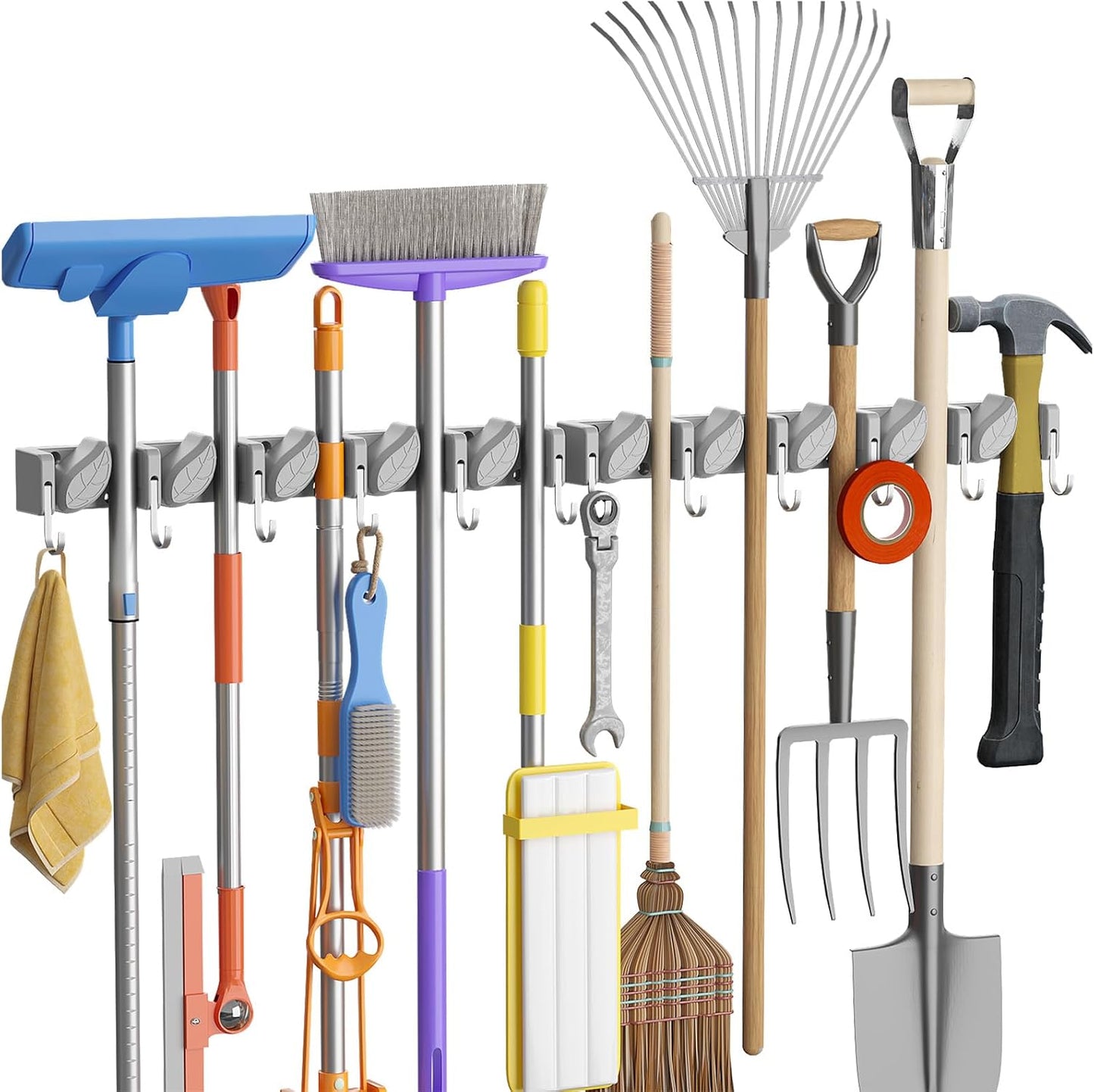 Lifewit Broom and Mop Holder Wall Mount, Non-Slip Cleaning Tool Hanger Organizer with 6 Hooks 5 Slots, Heavy Duty Hanging Broom Utility Rack for Kitchen, Garden, Garage, Laundry, 1 Pack, Black
