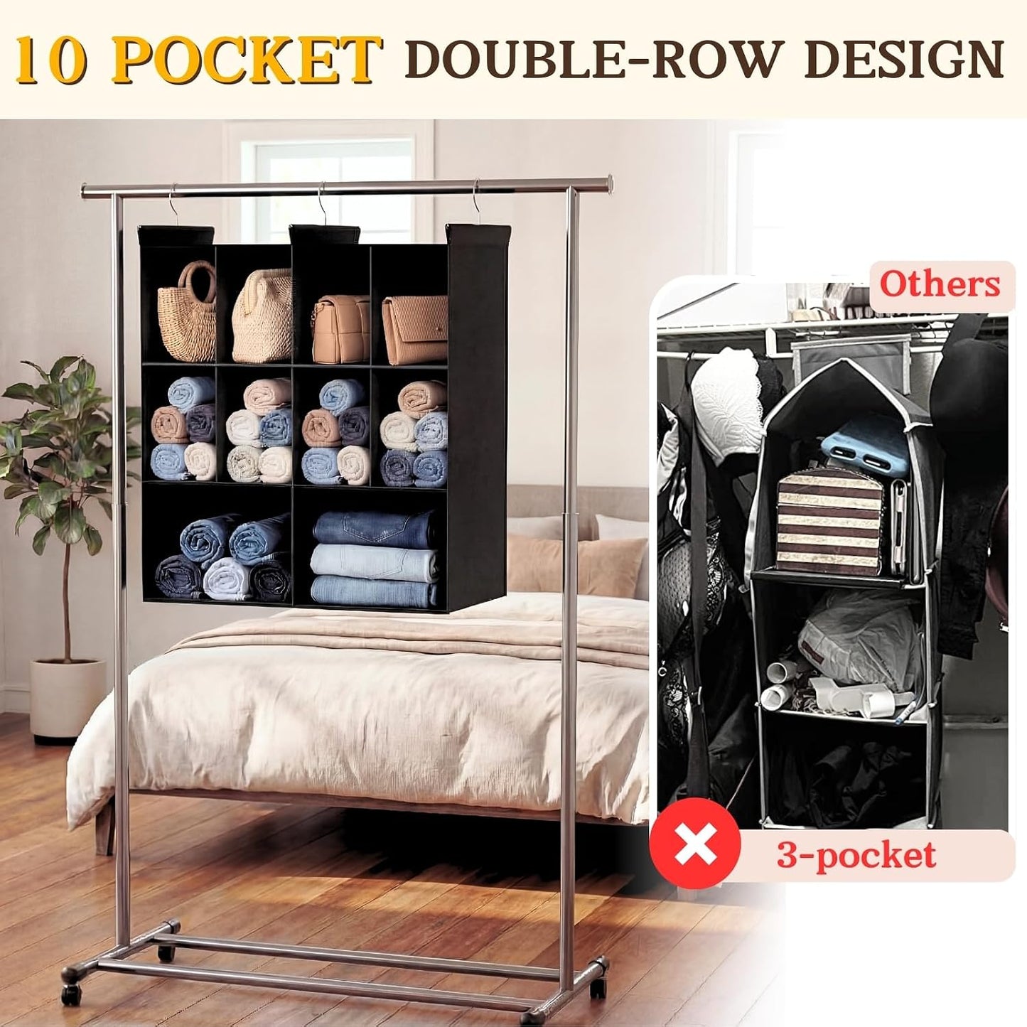 Ofiray-home 6 Tier Hanging Closet Organizer, 16 Compartments Sweater Organizer for Closet with 3 Sturdy Hooks, Closet Organizers and Storage, Wardrobe, Rv, Garment Rack, Grey