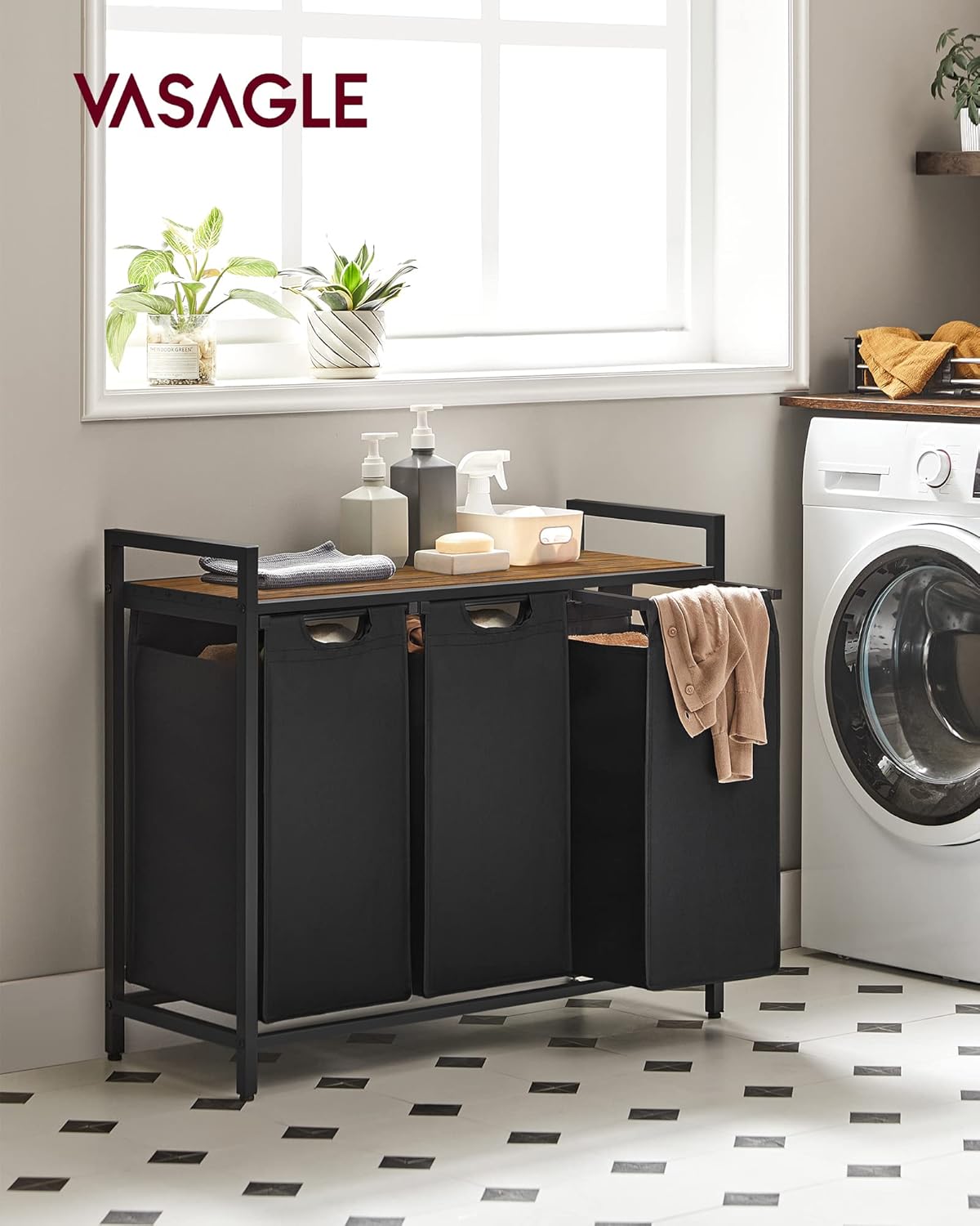 VASAGLE Laundry Hamper, Laundry Basket Sorter with 3 Pull-Out and Removable Bags, Shelf, Metal Frame, 3 x 10.6 Gallons (40 L), 36.4 x 13 x 28.4 Inches, Cappuccino Beige and Natural Beige UBLH301LH01