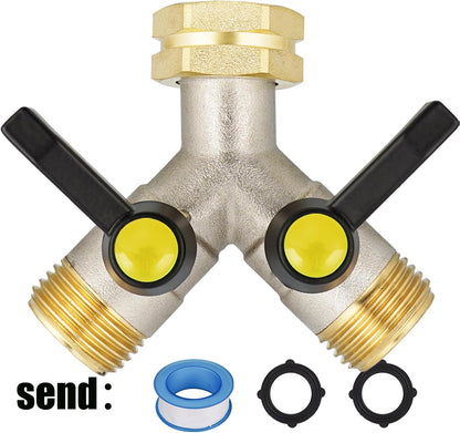 EJW Hose Splitter 2 Way, Garden Hose Splitters, Heavy Duty Faucet Splitter,Rv Brass Water Hose Y Splitter, Double Hose Connector, Spigot Splitter, Two Way Hose Manifold Valve 3/4 Inch GHT Thread.