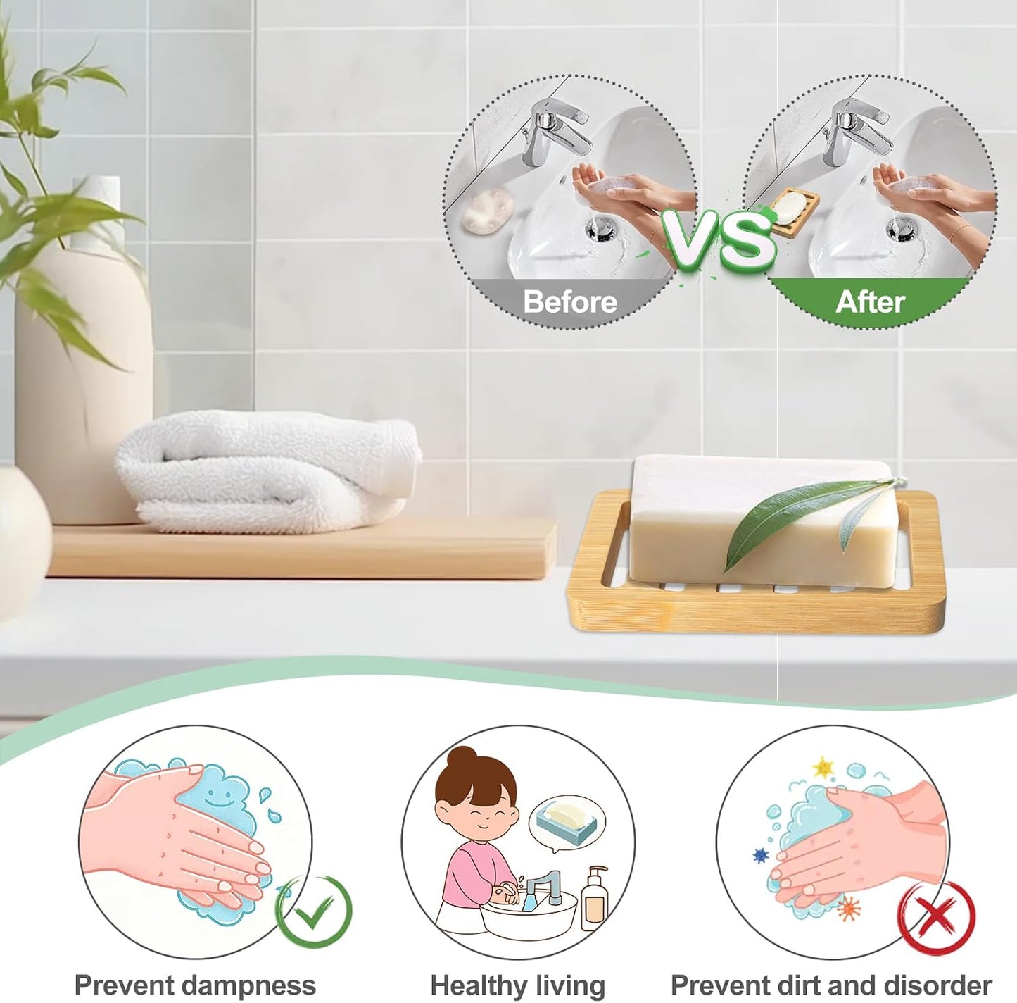 2 Pack Wooden Soap Holder Bamboo Soap Dish for Shower with Self Draining Tray Natural Bar Soap Holder and Soap Saver for Bathroom Kitchen Sink