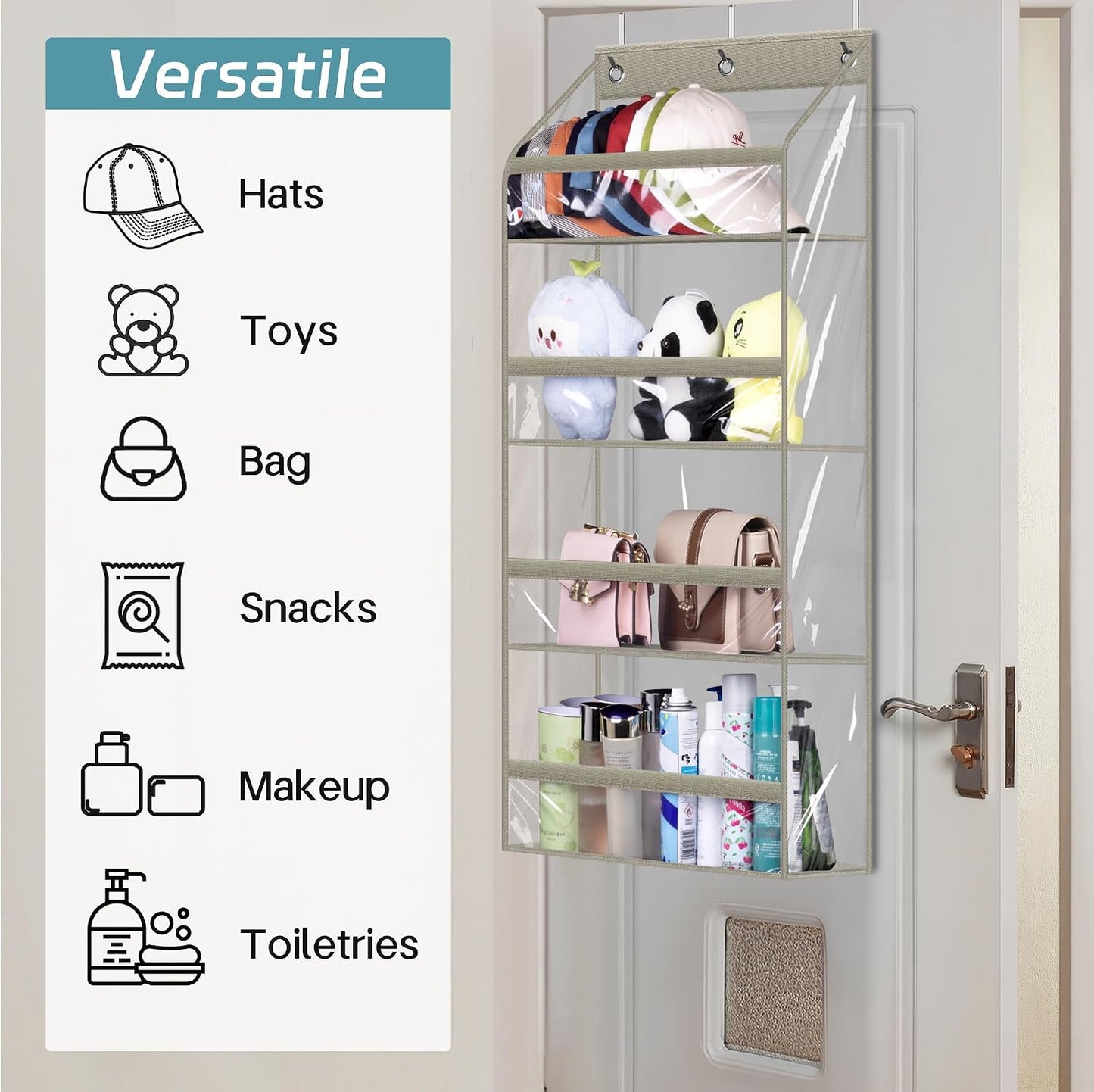 AOODA Clear Over the Door Hat Racks for Baseball Caps, Large Holds up to 72 Caps Hat Storage Organizer for Closet Wall, Deep Pockets Hanging Snapback Holder Shelves with 3 Hooks, White