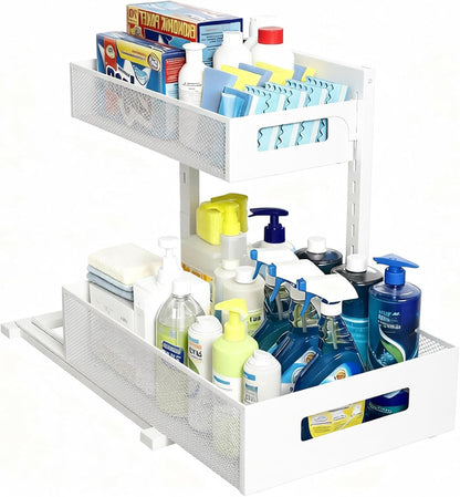 Under Sink Organizer, 2 Tier Pull-Out Cabinet Storage Shelf, Rust-Resistant Metal Organizer for Kitchen Bathroom Laundry Room, No Tools Installation, 1 Pack Black