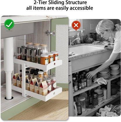 APRTAT 2 Pack Under Sink Organizer, Bamboo Wooden 2-Tier Pull-Out Storage with Sliding Drawers for Kitchen and Bathroom Cabinets, Easy Installation (Natural)