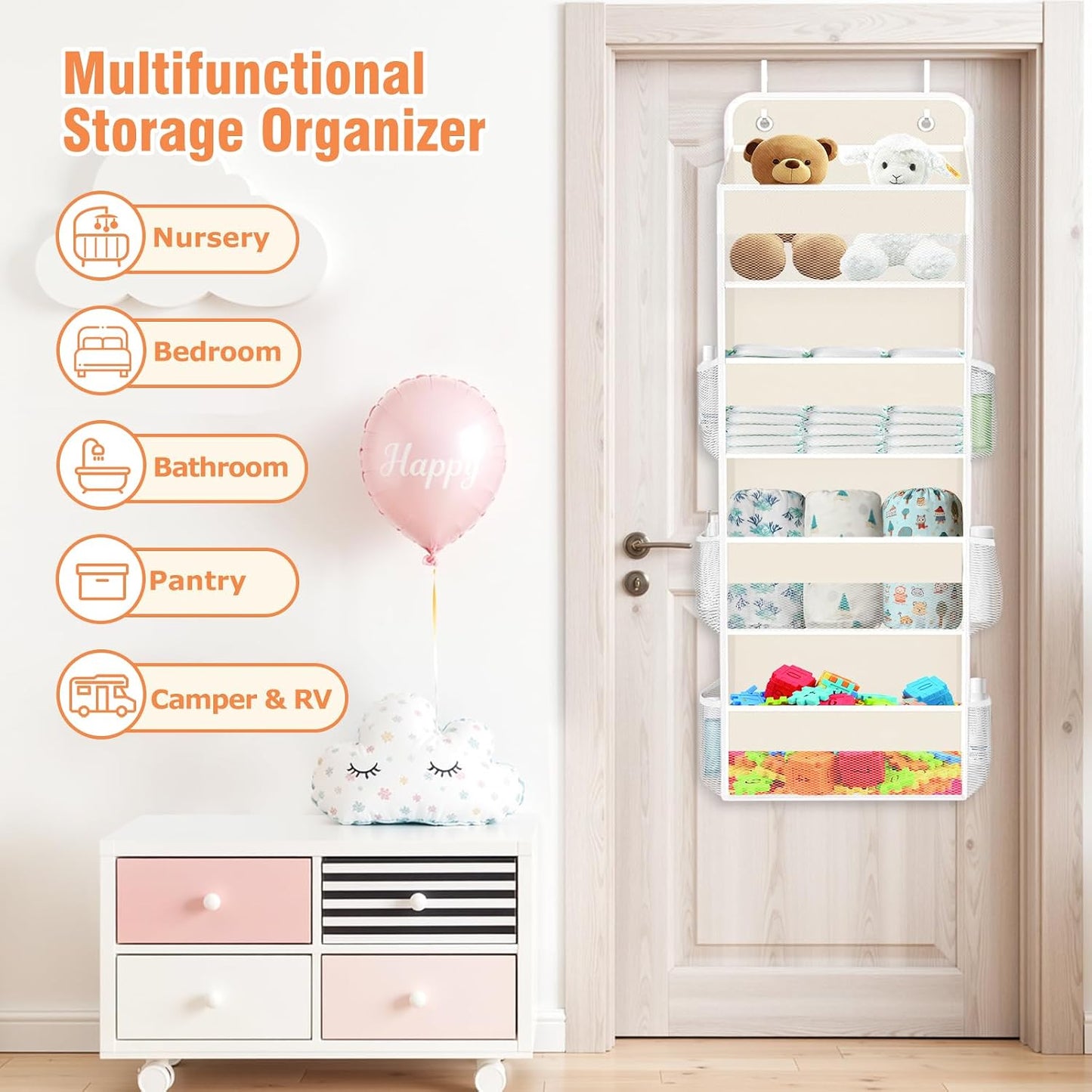 WISELIFE Over The Door Organizer Storage 4 Shelves Large Capacity Hanging Bedroom Storage Solution with 6 Side Pockets for Dorm Bathroom Pantry Nursery and Baby Essentials Holds up to 40 Lbs (Black)